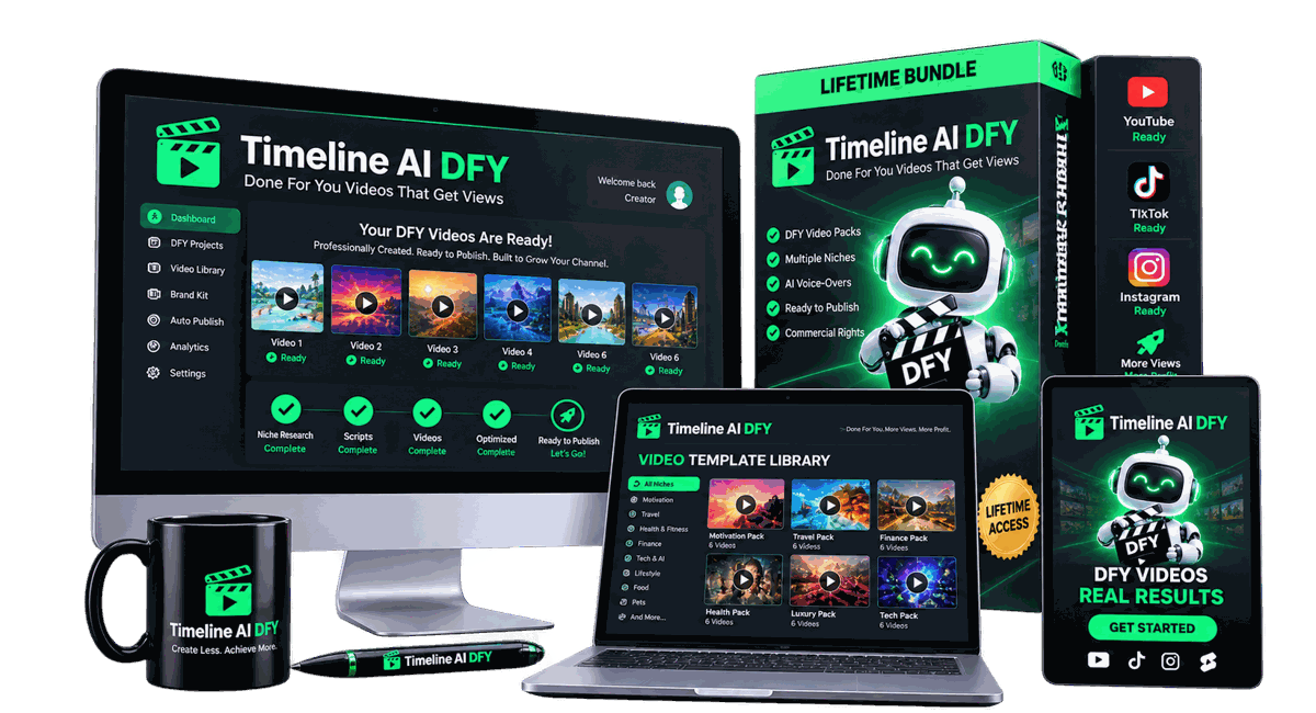 Timeline AI DFY on desktop, laptop, tablet and box