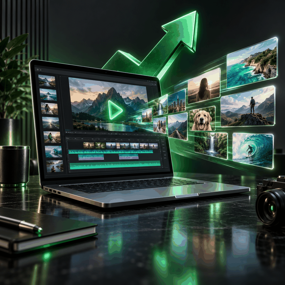 Videos flowing from an editing laptop with an upward growth arrow