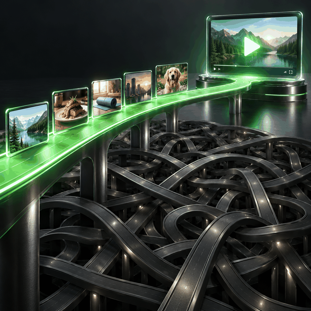 A direct glowing route through ready-made video niches above a complex maze