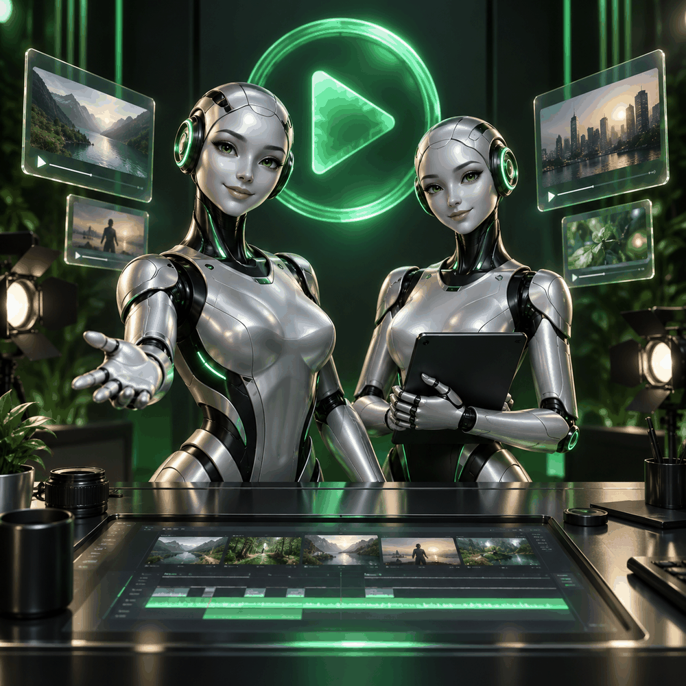 Two AI studio assistants welcoming you to a video creation workspace