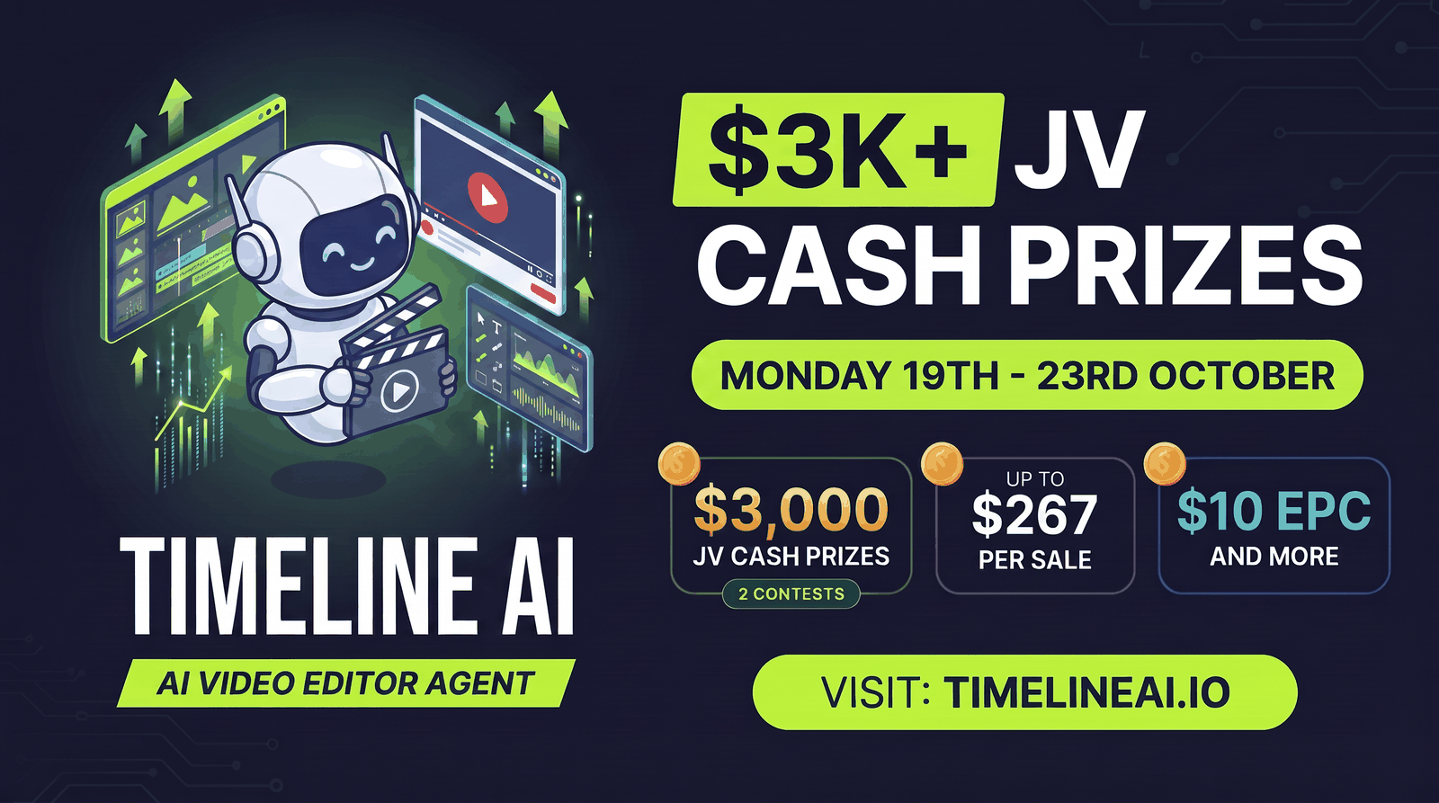 Timeline AI affiliate launch promotion with cash prizes, commissions and launch dates