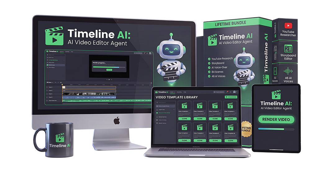Timeline AI lifetime software bundle displayed across desktop, laptop and mobile devices with the Timeline AI product box