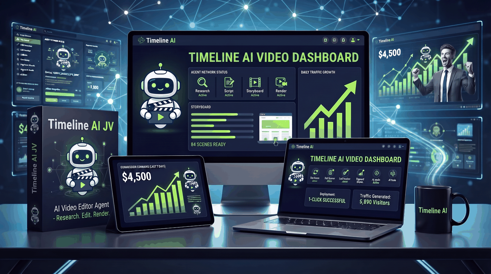 Timeline AI video dashboard shown across desktop, laptop and tablet